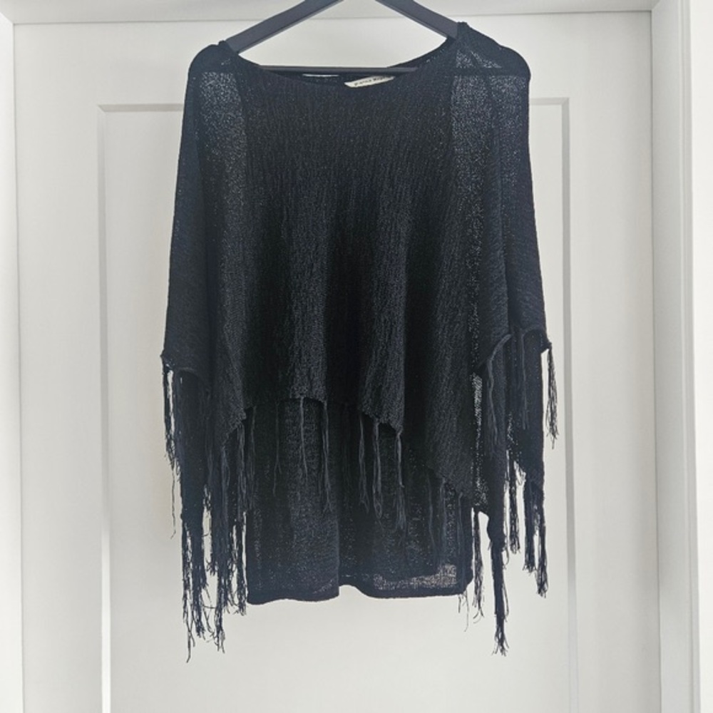 Women's Black Fringe Knit Poncho Sweater